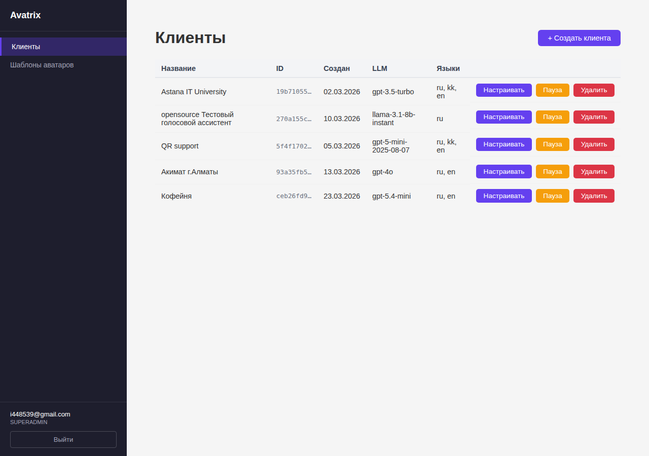 Admin panel for managing tenants and assistants.